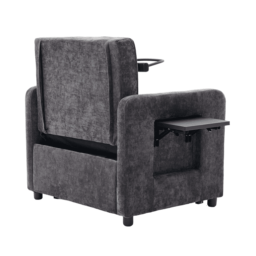 Poltrona-cama 2 em 1 individual u2014 com almofadas, bolsos laterais, mesa auxiliar e saco de arrumação lateral u2014 chenille cinzenta escura Poltrona-cama 2 em 1 individual u2014 com almofadas, bolsos laterais, mesa auxiliar e saco de arrumação lateral u2014 chenille cinzenta escura