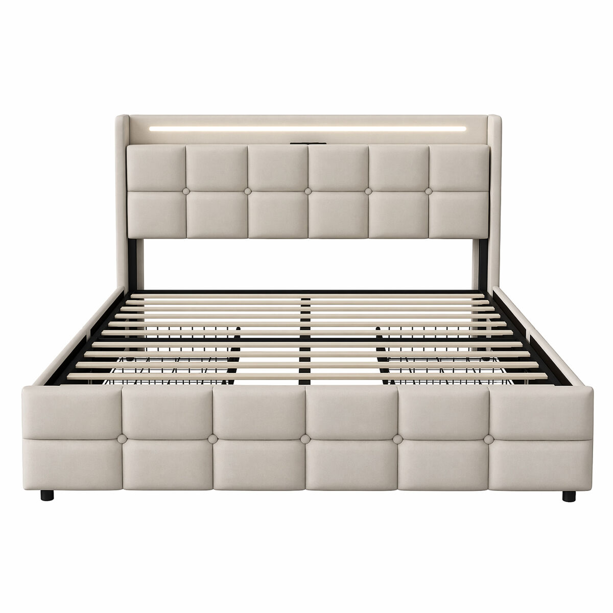 Cama tapizada de 140x190 cm, color beige, cama doble de lino con 2 cajones, iluminación led, puerto usb y enchufe, somier de láminas resistente,