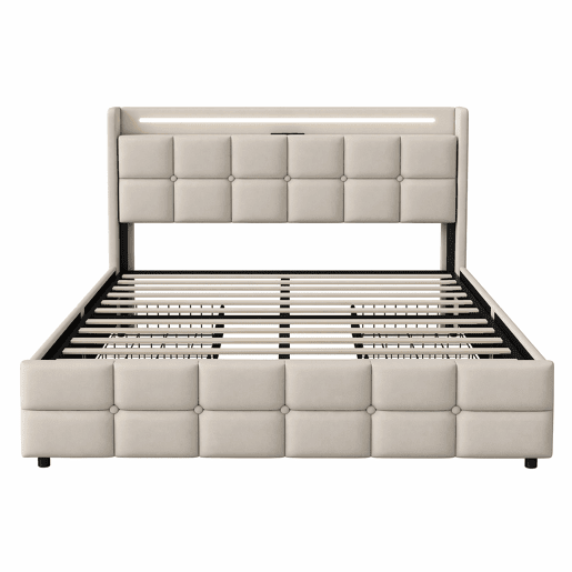 Cama estofada bege de 140x190 cm, cama de casal em tecido de linho com 2 gavetas, iluminação LED, entrada USB e tomada, estrutura robusta em ripas, capacidade de carga até 500 kg. Cama estofada bege de 140x190 cm, cama de casal em tecido de linho com 2 gavetas, iluminação LED, entrada USB e tomada, estrutura robusta em ripas, capacidade de carga até 500 kg.