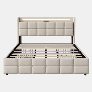 Cama estofada bege de 140x190 cm, cama de casal em tecido de linho com 2 gavetas, iluminação LED, entrada USB e tomada, estrutura robusta em ripas, capacidade de carga até 500 kg.