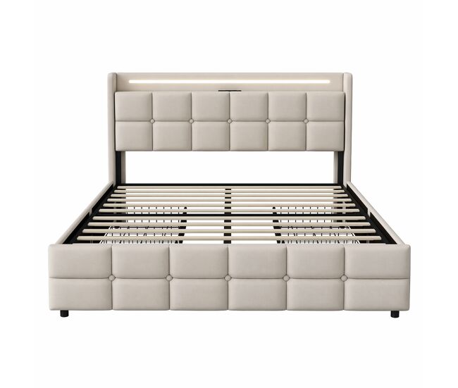Cama tapizada de 140x190 cm, color beige, cama doble de lino con 2 cajones, iluminación led, puerto usb y enchufe, somier de láminas resistente,