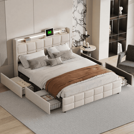 Cama estofada bege de 140x190 cm, cama de casal em tecido de linho com 2 gavetas, iluminação LED, entrada USB e tomada, estrutura robusta em ripas, capacidade de carga até 500 kg. Cama estofada bege de 140x190 cm, cama de casal em tecido de linho com 2 gavetas, iluminação LED, entrada USB e tomada, estrutura robusta em ripas, capacidade de carga até 500 kg.