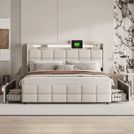 Cama estofada bege de 140x190 cm, cama de casal em tecido de linho com 2 gavetas, iluminação LED, entrada USB e tomada, estrutura robusta em ripas, capacidade de carga até 500 kg. Cama estofada bege de 140x190 cm, cama de casal em tecido de linho com 2 gavetas, iluminação LED, entrada USB e tomada, estrutura robusta em ripas, capacidade de carga até 500 kg.