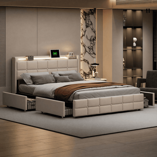 Cama estofada bege de 140x190 cm, cama de casal em tecido de linho com 2 gavetas, iluminação LED, entrada USB e tomada, estrutura robusta em ripas, capacidade de carga até 500 kg. Cama estofada bege de 140x190 cm, cama de casal em tecido de linho com 2 gavetas, iluminação LED, entrada USB e tomada, estrutura robusta em ripas, capacidade de carga até 500 kg.