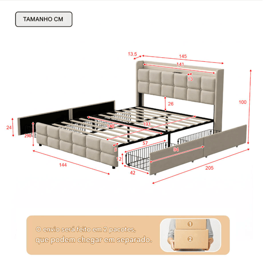 Cama estofada bege de 140x190 cm, cama de casal em tecido de linho com 2 gavetas, iluminação LED, entrada USB e tomada, estrutura robusta em ripas, capacidade de carga até 500 kg. Cama estofada bege de 140x190 cm, cama de casal em tecido de linho com 2 gavetas, iluminação LED, entrada USB e tomada, estrutura robusta em ripas, capacidade de carga até 500 kg.