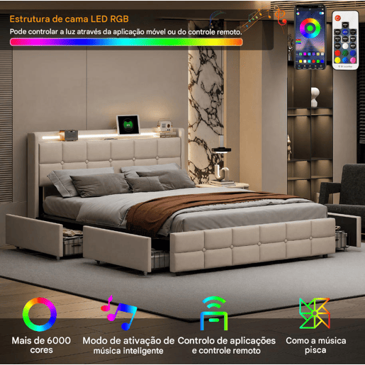 Cama estofada bege de 140x190 cm, cama de casal em tecido de linho com 2 gavetas, iluminação LED, entrada USB e tomada, estrutura robusta em ripas, capacidade de carga até 500 kg. Cama estofada bege de 140x190 cm, cama de casal em tecido de linho com 2 gavetas, iluminação LED, entrada USB e tomada, estrutura robusta em ripas, capacidade de carga até 500 kg.
