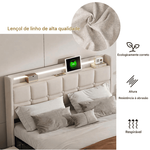 Cama estofada bege de 140x190 cm, cama de casal em tecido de linho com 2 gavetas, iluminação LED, entrada USB e tomada, estrutura robusta em ripas, capacidade de carga até 500 kg. Cama estofada bege de 140x190 cm, cama de casal em tecido de linho com 2 gavetas, iluminação LED, entrada USB e tomada, estrutura robusta em ripas, capacidade de carga até 500 kg.