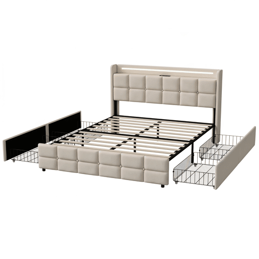 Cama estofada bege de 140x190 cm, cama de casal em tecido de linho com 2 gavetas, iluminação LED, entrada USB e tomada, estrutura robusta em ripas, capacidade de carga até 500 kg. Cama estofada bege de 140x190 cm, cama de casal em tecido de linho com 2 gavetas, iluminação LED, entrada USB e tomada, estrutura robusta em ripas, capacidade de carga até 500 kg.