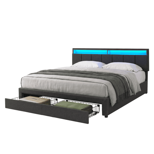 Cama estofada de 160x200 cm com iluminação LED, cama com arrumação e 2 gavetas, capa de linho cinza, cama de casal com estrado de ripas. Cama estofada de 160x200 cm com iluminação LED, cama com arrumação e 2 gavetas, capa de linho cinza, cama de casal com estrado de ripas.