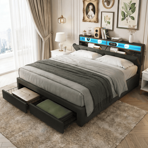 Cama estofada de 160x200 cm com iluminação LED, cama com arrumação e 2 gavetas, capa de linho cinza, cama de casal com estrado de ripas. Cama estofada de 160x200 cm com iluminação LED, cama com arrumação e 2 gavetas, capa de linho cinza, cama de casal com estrado de ripas.