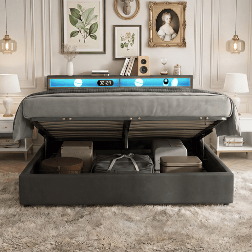 Cama estofada de 160x200 cm com iluminação LED, cama com arrumação e 2 gavetas, capa de linho cinza, cama de casal com estrado de ripas. Cama estofada de 160x200 cm com iluminação LED, cama com arrumação e 2 gavetas, capa de linho cinza, cama de casal com estrado de ripas.