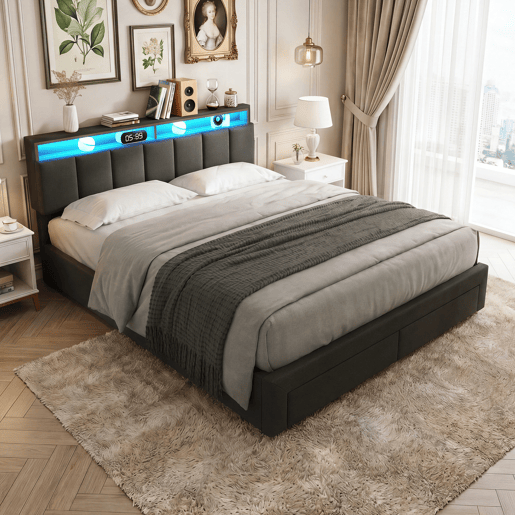 Cama estofada de 160x200 cm com iluminação LED, cama com arrumação e 2 gavetas, capa de linho cinza, cama de casal com estrado de ripas. Cama estofada de 160x200 cm com iluminação LED, cama com arrumação e 2 gavetas, capa de linho cinza, cama de casal com estrado de ripas.
