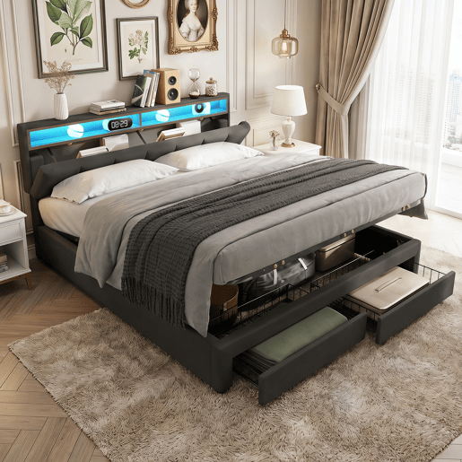 Cama estofada de 160x200 cm com iluminação LED, cama com arrumação e 2 gavetas, capa de linho cinza, cama de casal com estrado de ripas. Cama estofada de 160x200 cm com iluminação LED, cama com arrumação e 2 gavetas, capa de linho cinza, cama de casal com estrado de ripas.