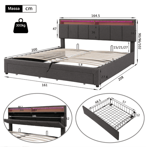Cama estofada de 160x200 cm com iluminação LED, cama com arrumação e 2 gavetas, capa de linho cinza, cama de casal com estrado de ripas. Cama estofada de 160x200 cm com iluminação LED, cama com arrumação e 2 gavetas, capa de linho cinza, cama de casal com estrado de ripas.