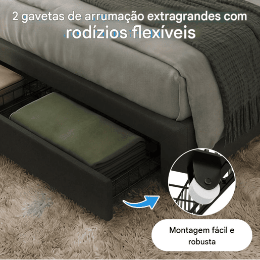 Cama estofada de 160x200 cm com iluminação LED, cama com arrumação e 2 gavetas, capa de linho cinza, cama de casal com estrado de ripas. Cama estofada de 160x200 cm com iluminação LED, cama com arrumação e 2 gavetas, capa de linho cinza, cama de casal com estrado de ripas.