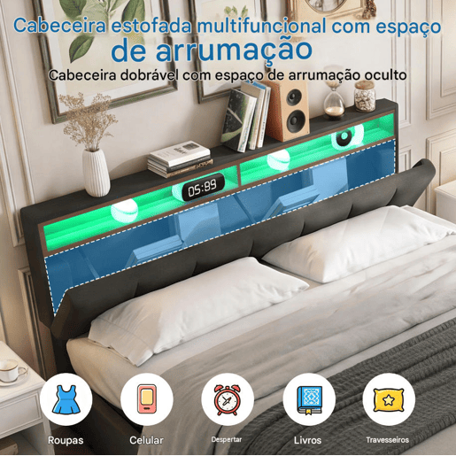 Cama estofada de 160x200 cm com iluminação LED, cama com arrumação e 2 gavetas, capa de linho cinza, cama de casal com estrado de ripas. Cama estofada de 160x200 cm com iluminação LED, cama com arrumação e 2 gavetas, capa de linho cinza, cama de casal com estrado de ripas.