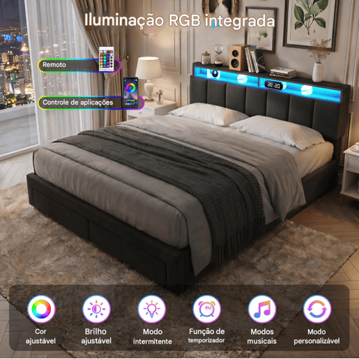 Cama estofada de 160x200 cm com iluminação LED, cama com arrumação e 2 gavetas, capa de linho cinza, cama de casal com estrado de ripas. Cama estofada de 160x200 cm com iluminação LED, cama com arrumação e 2 gavetas, capa de linho cinza, cama de casal com estrado de ripas.