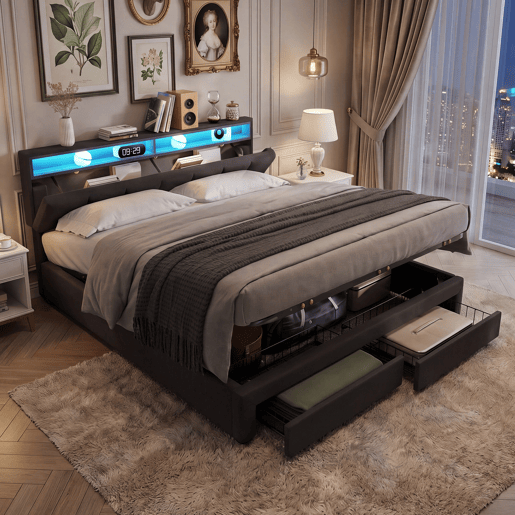 Cama estofada de 160x200 cm com iluminação LED, cama com arrumação e 2 gavetas, capa de linho cinza, cama de casal com estrado de ripas. Cama estofada de 160x200 cm com iluminação LED, cama com arrumação e 2 gavetas, capa de linho cinza, cama de casal com estrado de ripas.
