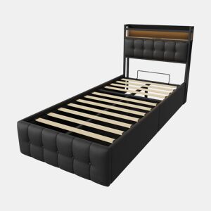 Cama estofada de 90x200 cm em couro sintético preto com cabeceira de LED, porta USB e tomada, cama de solteiro com box hidráulico e estrado de ripas.