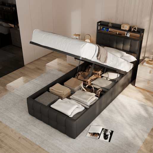 Cama estofada de 90x200 cm em couro sintético preto com cabeceira de LED, porta USB e tomada, cama de solteiro com box hidráulico e estrado de ripas.