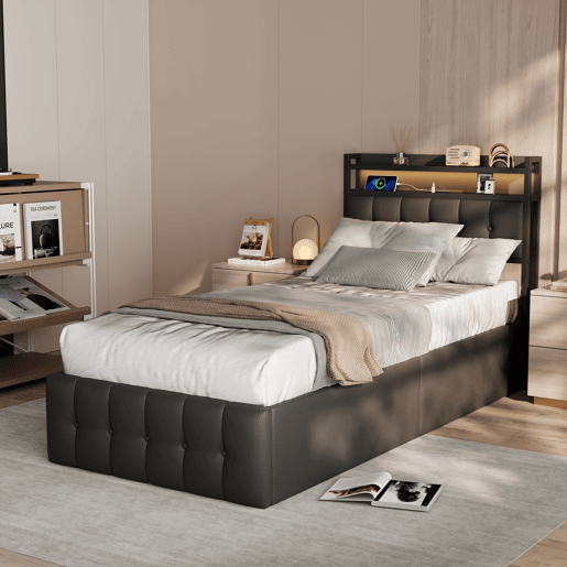 Cama estofada de 90x200 cm em couro sintético preto com cabeceira de LED, porta USB e tomada, cama de solteiro com box hidráulico e estrado de ripas.