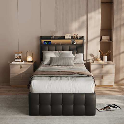 Cama estofada de 90x200 cm em couro sintético preto com cabeceira de LED, porta USB e tomada, cama de solteiro com box hidráulico e estrado de ripas.