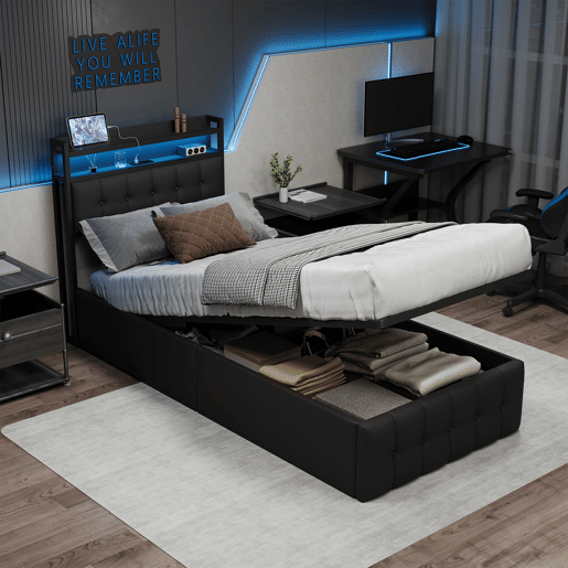 Cama estofada de 90x200 cm em couro sintético preto com cabeceira de LED, porta USB e tomada, cama de solteiro com box hidráulico e estrado de ripas.
