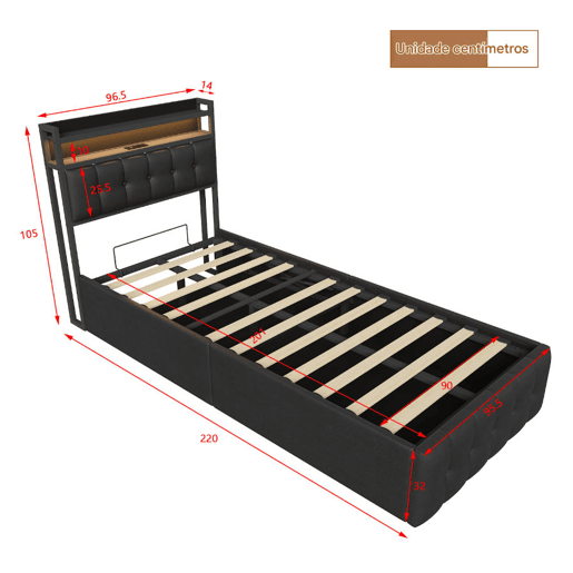 Cama estofada de 90x200 cm em couro sintético preto com cabeceira de LED, porta USB e tomada, cama de solteiro com box hidráulico e estrado de ripas.