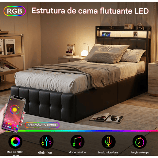 Cama estofada de 90x200 cm em couro sintético preto com cabeceira de LED, porta USB e tomada, cama de solteiro com box hidráulico e estrado de ripas.