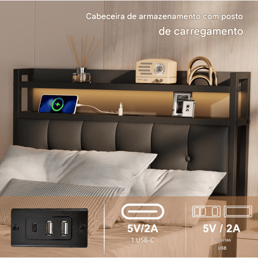 Cama estofada de 90x200 cm em couro sintético preto com cabeceira de LED, porta USB e tomada, cama de solteiro com box hidráulico e estrado de ripas.