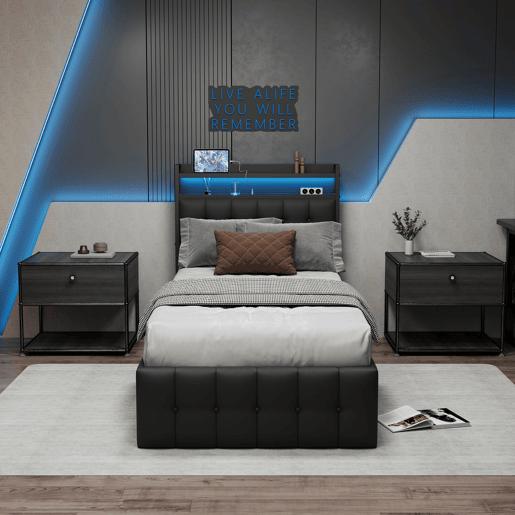 Cama estofada de 90x200 cm em couro sintético preto com cabeceira de LED, porta USB e tomada, cama de solteiro com box hidráulico e estrado de ripas.