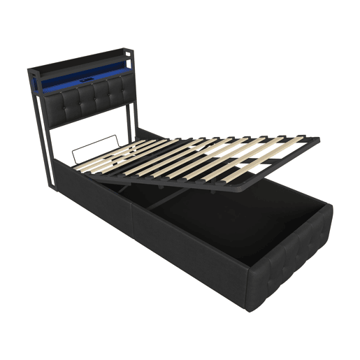 Cama estofada de 90x200 cm em couro sintético preto com cabeceira de LED, porta USB e tomada, cama de solteiro com box hidráulico e estrado de ripas.