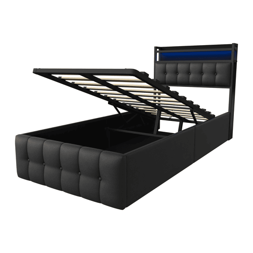 Cama estofada de 90x200 cm em couro sintético preto com cabeceira de LED, porta USB e tomada, cama de solteiro com box hidráulico e estrado de ripas.