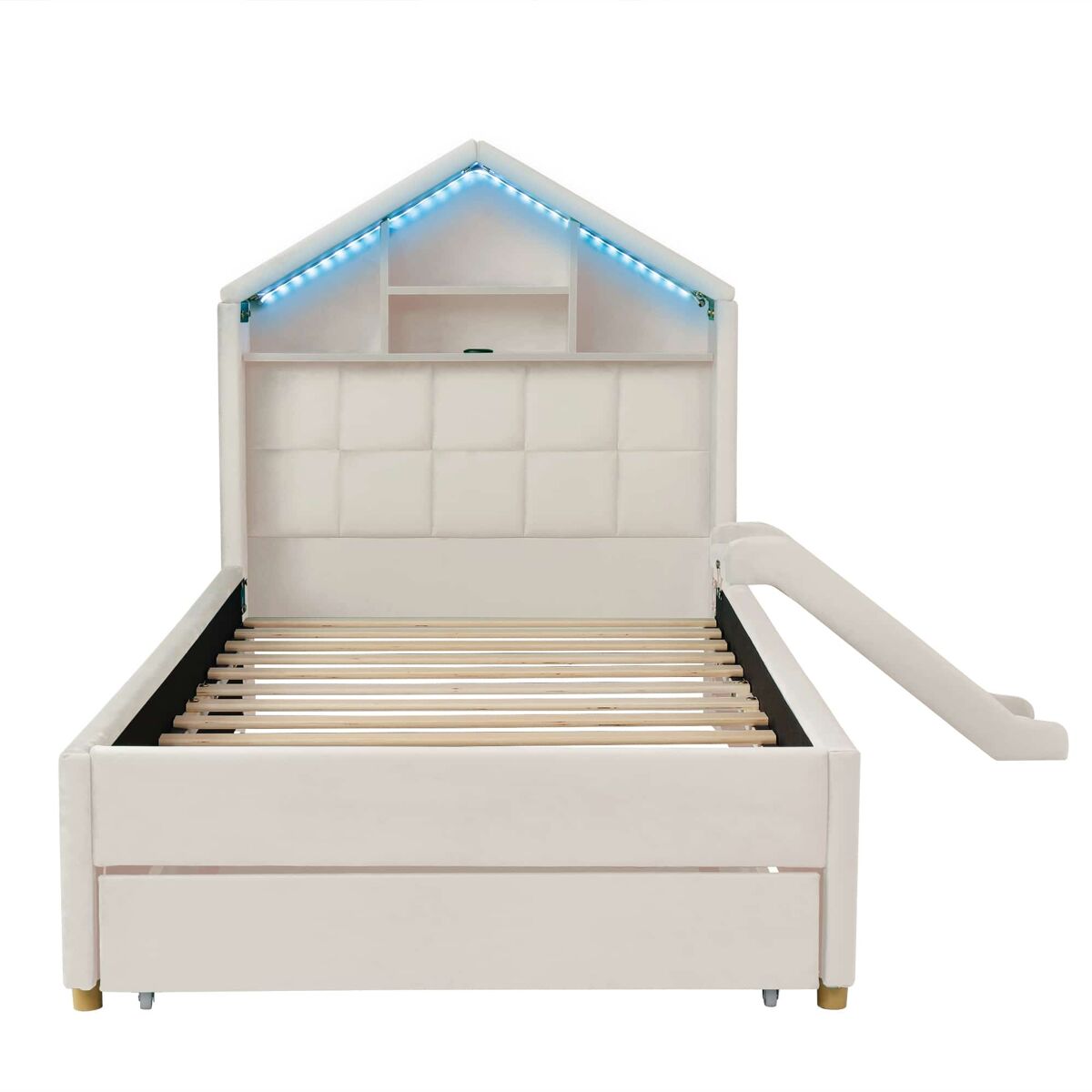 Cama infantil 90x200 cm - casa acolchada con tobogán, led, puerto usb y almacenaje - beige