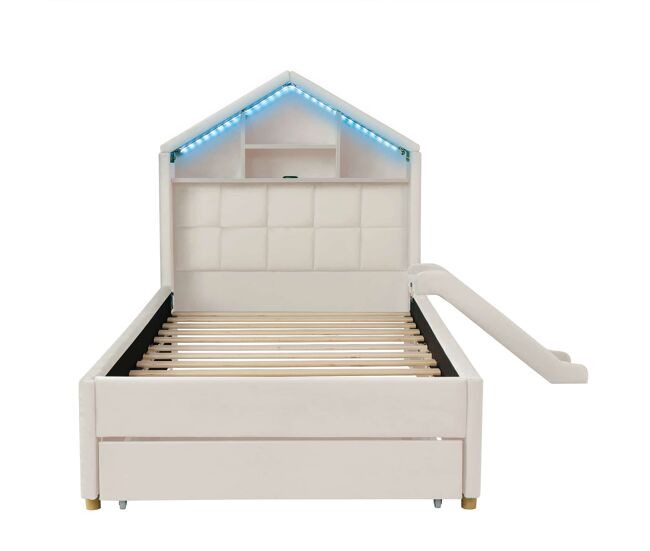 Cama infantil 90x200 cm - casa acolchada con tobogán, led, puerto usb y almacenaje - beige