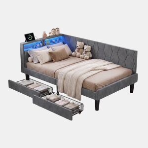 Cama estofada em veludo 90x200 cm com 2 gavetas, iluminação LED, porta de carregamento USB e Tipo-C, cama com arrumação, sofá-cama 2 em 1 (cama ou sofá), estrutura ripada, cinza