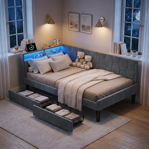 Cama estofada em veludo 90x200 cm com 2 gavetas, iluminação LED, porta de carregamento USB e Tipo-C, cama com arrumação, sofá-cama 2 em 1 (cama ou sofá), estrutura ripada, cinza Cama estofada em veludo 90x200 cm com 2 gavetas, iluminação LED, porta de carregamento USB e Tipo-C, cama com arrumação, sofá-cama 2 em 1 (cama ou sofá), estrutura ripada, cinza