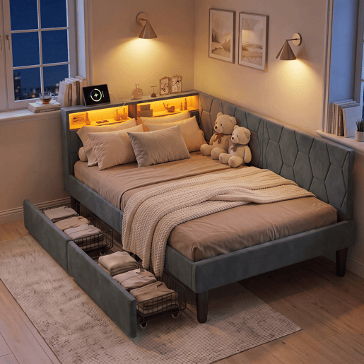 Cama estofada em veludo 90x200 cm com 2 gavetas, iluminação LED, porta de carregamento USB e Tipo-C, cama com arrumação, sofá-cama 2 em 1 (cama ou sofá), estrutura ripada, cinza Cama estofada em veludo 90x200 cm com 2 gavetas, iluminação LED, porta de carregamento USB e Tipo-C, cama com arrumação, sofá-cama 2 em 1 (cama ou sofá), estrutura ripada, cinza