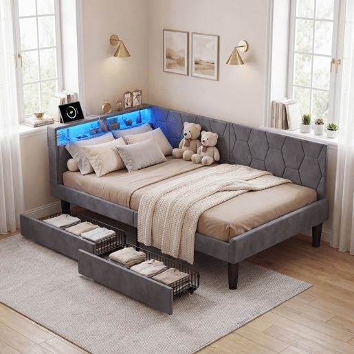 Cama estofada em veludo 90x200 cm com 2 gavetas, iluminação LED, porta de carregamento USB e Tipo-C, cama com arrumação, sofá-cama 2 em 1 (cama ou sofá), estrutura ripada, cinza Cama estofada em veludo 90x200 cm com 2 gavetas, iluminação LED, porta de carregamento USB e Tipo-C, cama com arrumação, sofá-cama 2 em 1 (cama ou sofá), estrutura ripada, cinza