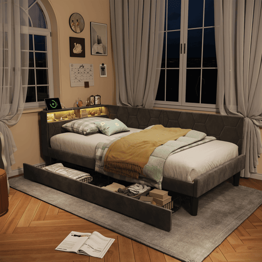Cama estofada em veludo 90x200 cm com 2 gavetas, iluminação LED, porta de carregamento USB e Tipo-C, cama com arrumação, sofá-cama 2 em 1 (cama ou sofá), estrutura ripada, cinza Cama estofada em veludo 90x200 cm com 2 gavetas, iluminação LED, porta de carregamento USB e Tipo-C, cama com arrumação, sofá-cama 2 em 1 (cama ou sofá), estrutura ripada, cinza