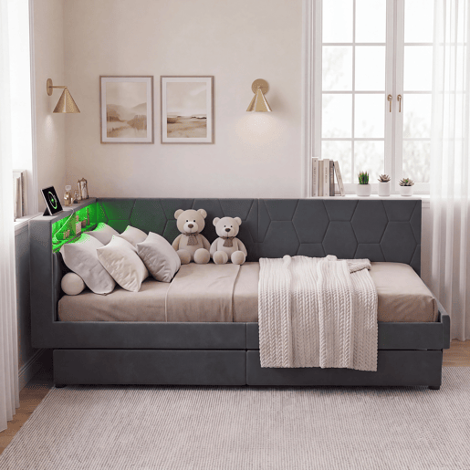Cama estofada em veludo 90x200 cm com 2 gavetas, iluminação LED, porta de carregamento USB e Tipo-C, cama com arrumação, sofá-cama 2 em 1 (cama ou sofá), estrutura ripada, cinza Cama estofada em veludo 90x200 cm com 2 gavetas, iluminação LED, porta de carregamento USB e Tipo-C, cama com arrumação, sofá-cama 2 em 1 (cama ou sofá), estrutura ripada, cinza
