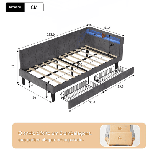 Cama estofada em veludo 90x200 cm com 2 gavetas, iluminação LED, porta de carregamento USB e Tipo-C, cama com arrumação, sofá-cama 2 em 1 (cama ou sofá), estrutura ripada, cinza Cama estofada em veludo 90x200 cm com 2 gavetas, iluminação LED, porta de carregamento USB e Tipo-C, cama com arrumação, sofá-cama 2 em 1 (cama ou sofá), estrutura ripada, cinza