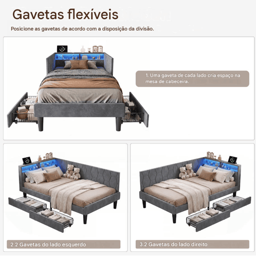 Cama estofada em veludo 90x200 cm com 2 gavetas, iluminação LED, porta de carregamento USB e Tipo-C, cama com arrumação, sofá-cama 2 em 1 (cama ou sofá), estrutura ripada, cinza Cama estofada em veludo 90x200 cm com 2 gavetas, iluminação LED, porta de carregamento USB e Tipo-C, cama com arrumação, sofá-cama 2 em 1 (cama ou sofá), estrutura ripada, cinza