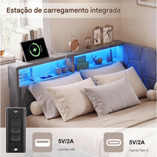 Cama estofada em veludo 90x200 cm com 2 gavetas, iluminação LED, porta de carregamento USB e Tipo-C, cama com arrumação, sofá-cama 2 em 1 (cama ou sofá), estrutura ripada, cinza Cama estofada em veludo 90x200 cm com 2 gavetas, iluminação LED, porta de carregamento USB e Tipo-C, cama com arrumação, sofá-cama 2 em 1 (cama ou sofá), estrutura ripada, cinza