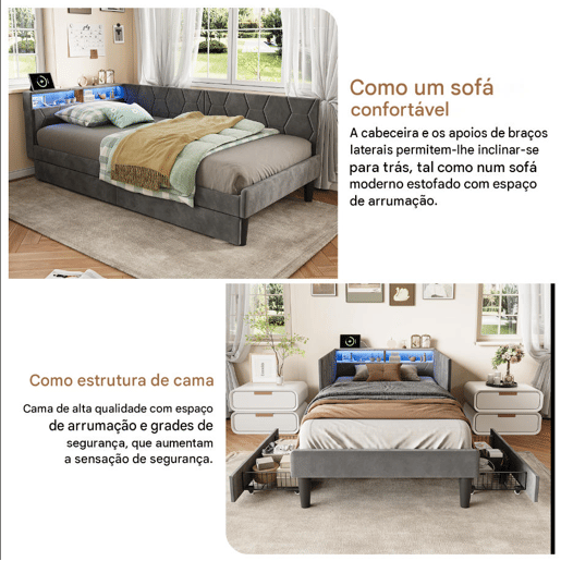 Cama estofada em veludo 90x200 cm com 2 gavetas, iluminação LED, porta de carregamento USB e Tipo-C, cama com arrumação, sofá-cama 2 em 1 (cama ou sofá), estrutura ripada, cinza Cama estofada em veludo 90x200 cm com 2 gavetas, iluminação LED, porta de carregamento USB e Tipo-C, cama com arrumação, sofá-cama 2 em 1 (cama ou sofá), estrutura ripada, cinza