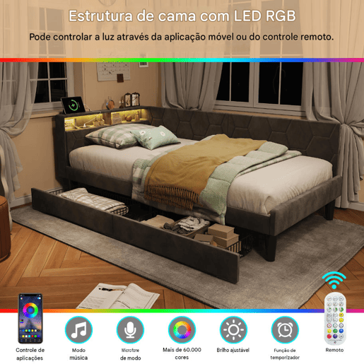 Cama estofada em veludo 90x200 cm com 2 gavetas, iluminação LED, porta de carregamento USB e Tipo-C, cama com arrumação, sofá-cama 2 em 1 (cama ou sofá), estrutura ripada, cinza Cama estofada em veludo 90x200 cm com 2 gavetas, iluminação LED, porta de carregamento USB e Tipo-C, cama com arrumação, sofá-cama 2 em 1 (cama ou sofá), estrutura ripada, cinza