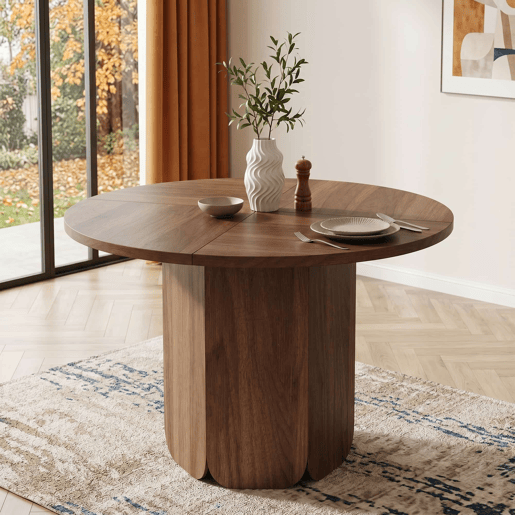 Mesa de jantar redonda 120x120 cm - Design clássico escandinavo minimalista, resistente e à prova de riscos, para 4 a 6 pessoas - Nogueira Mesa de jantar redonda 120x120 cm - Design clássico escandinavo minimalista, resistente e à prova de riscos, para 4 a 6 pessoas - Nogueira