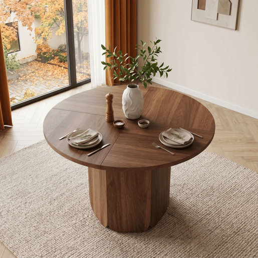 Mesa de jantar redonda 120x120 cm - Design clássico escandinavo minimalista, resistente e à prova de riscos, para 4 a 6 pessoas - Nogueira Mesa de jantar redonda 120x120 cm - Design clássico escandinavo minimalista, resistente e à prova de riscos, para 4 a 6 pessoas - Nogueira