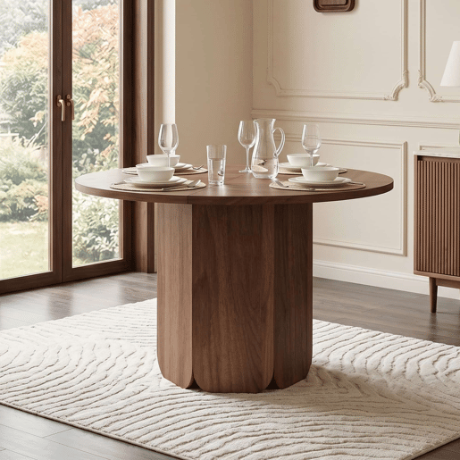 Mesa de jantar redonda 120x120 cm - Design clássico escandinavo minimalista, resistente e à prova de riscos, para 4 a 6 pessoas - Nogueira Mesa de jantar redonda 120x120 cm - Design clássico escandinavo minimalista, resistente e à prova de riscos, para 4 a 6 pessoas - Nogueira