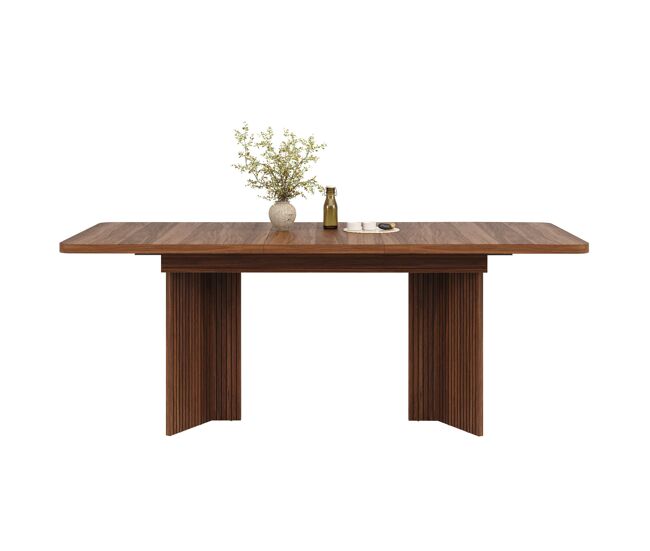 Mesa de comedor extensible 120-160 cm - patas v estriadas verticales, rectangular - marrón